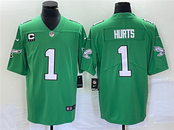 Men's Philadelphia Eagles #1 Jalen Hurts Green Vapor Limited With C Patch Stitched Baseball Jersey